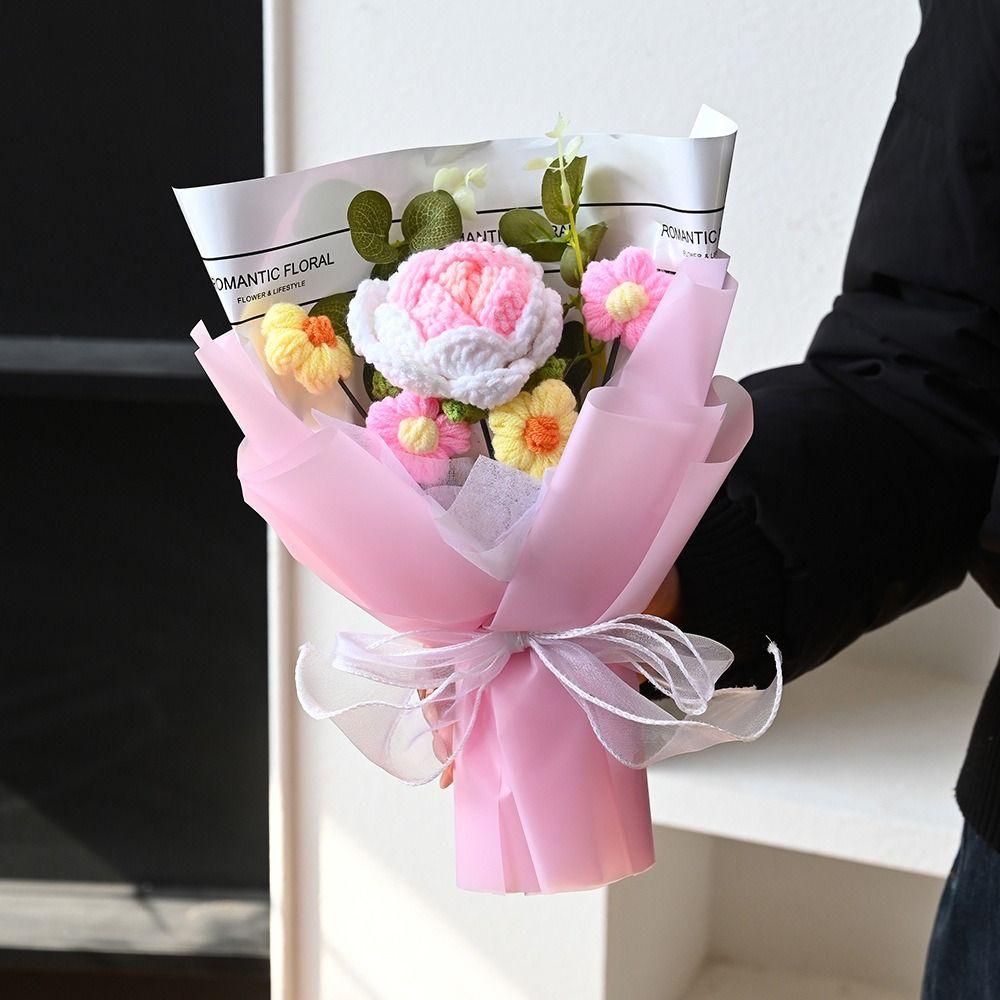 Romantic Knitted Rose Bouquet Chinese Style Finished Sunflower Bouquet Gift Handicraft Fashion Fake Flower