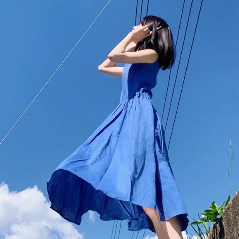 New small sleeveless dress summer women s seaside vacation blue long dress suspender skirt S