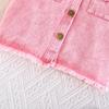 Kids Casual Denim Outfit, 2-Piece Frayed Edge Vest and Pleated Skirt