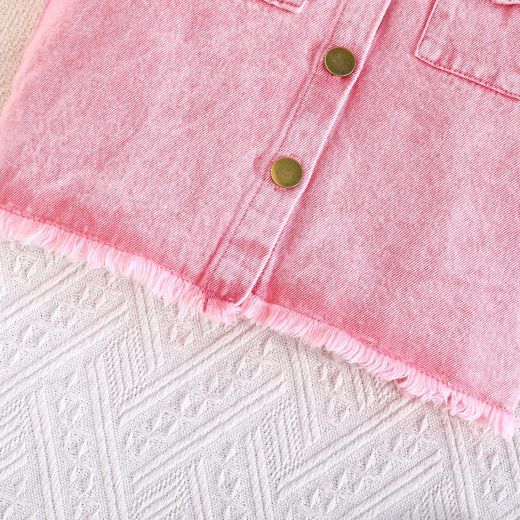 Kids Casual Denim Outfit, 2-Piece Frayed Edge Vest and Pleated Skirt