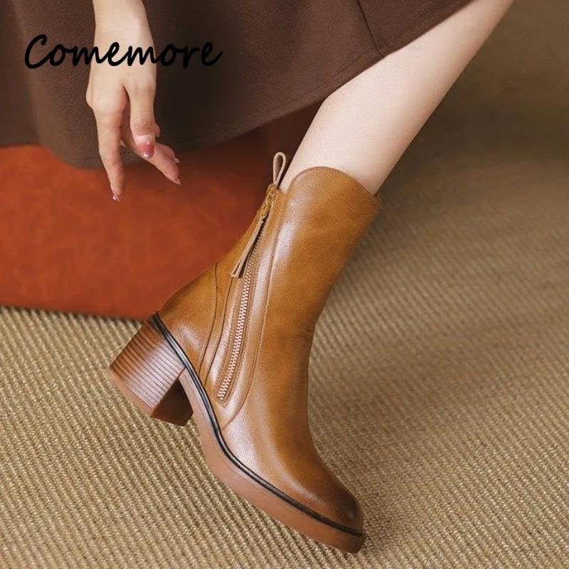 Comemore  Versatile Style Retro Ankle Boots High Heels Women Fashion Boot Rubber Leather Autumn Winter New Women's Shoes 34