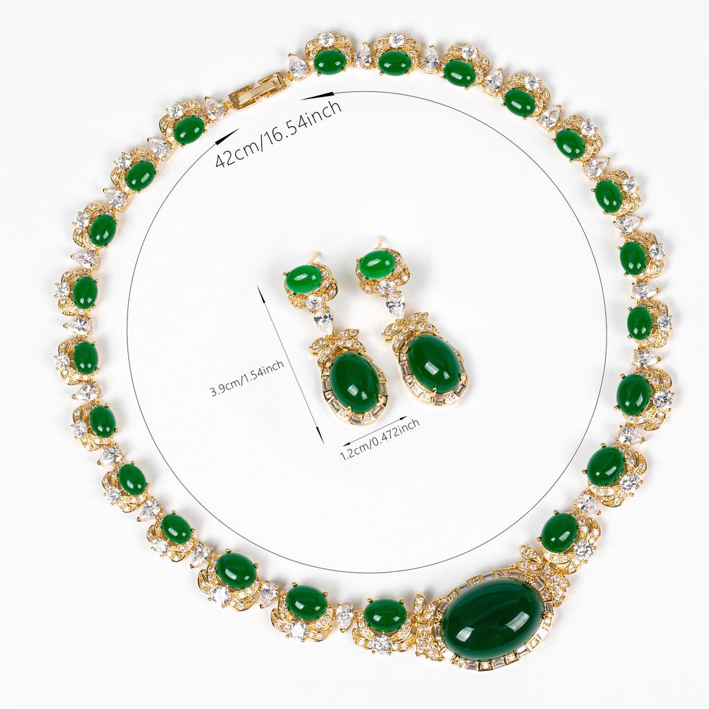 Luxury Beautiful Onyx Green Whitening Jewellery Necklace and Earrings 2 Pcs Wedding Party Gift Dubai Women Prom M-583