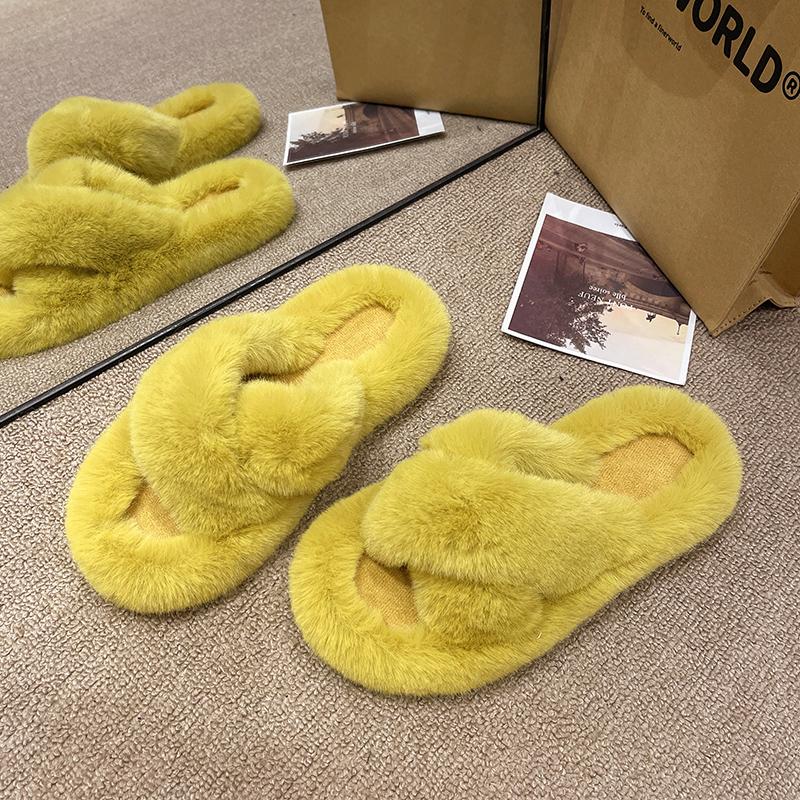 Fashion Luxury Fashion One Word Thick Fur Slippers Double Fur Slippers Casual Home Cotton Shoes Women Flat Plush Cross Straps Slippers