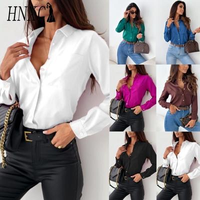HNXC Dames Mode Casual Effen Kleur Print Lange Mouwen POLO Kraag Blouses & Overhemden