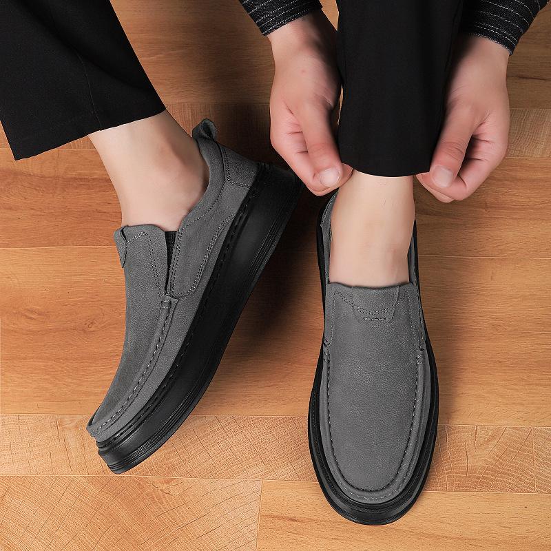 Sewing Thread Soft-soled Cowhide Surface Men's Casual Leather Shoes, Flanged Thick-soled Foot Cover Low Tube Black Middle-aged Lazy Shoes
