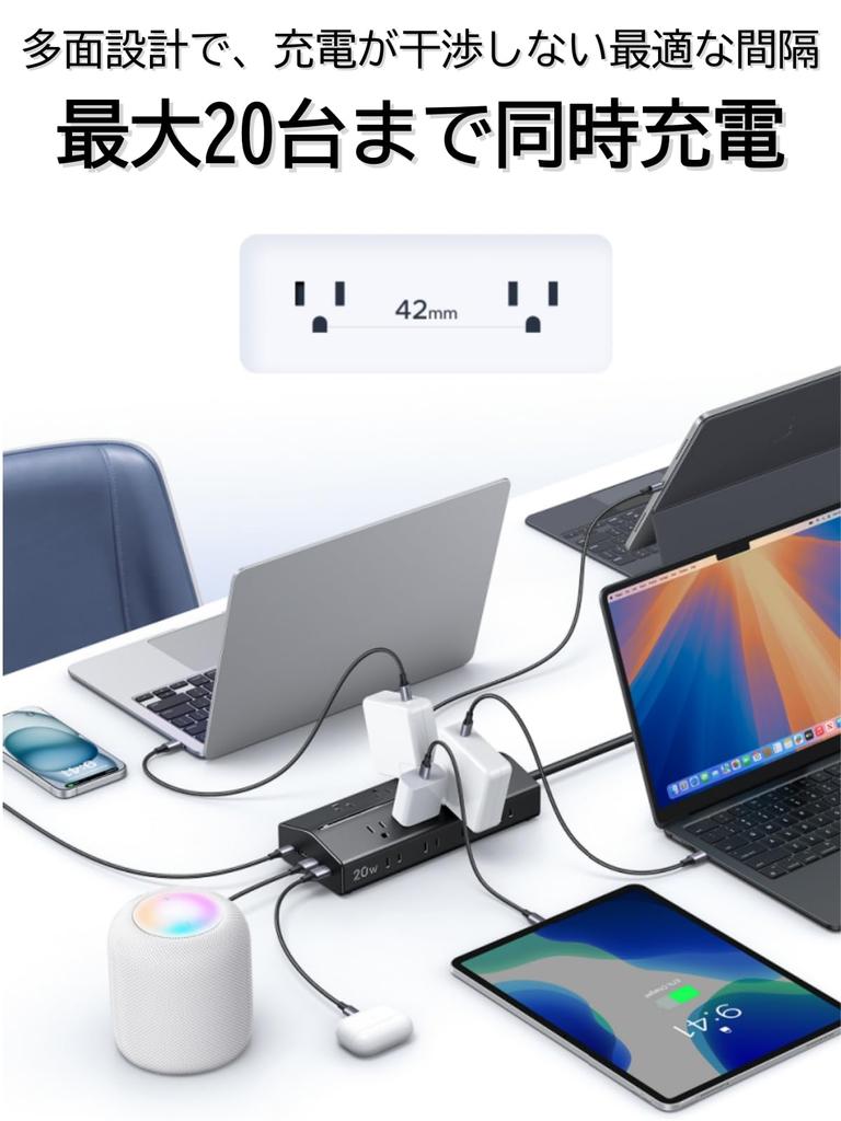 UGREEN Power Strip for Simultaneous Charging of 20 Devices, 4-Sided Outlet Design, No Plug Interference, PD20W, 16 Outlets, 4 Ports, Cable Management,