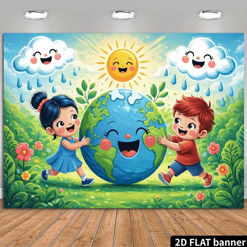 

2D Flat Printing Earth Day Backdrop, Kids Hugging Earth Party Background 47.2x31.5inch/120*80cm