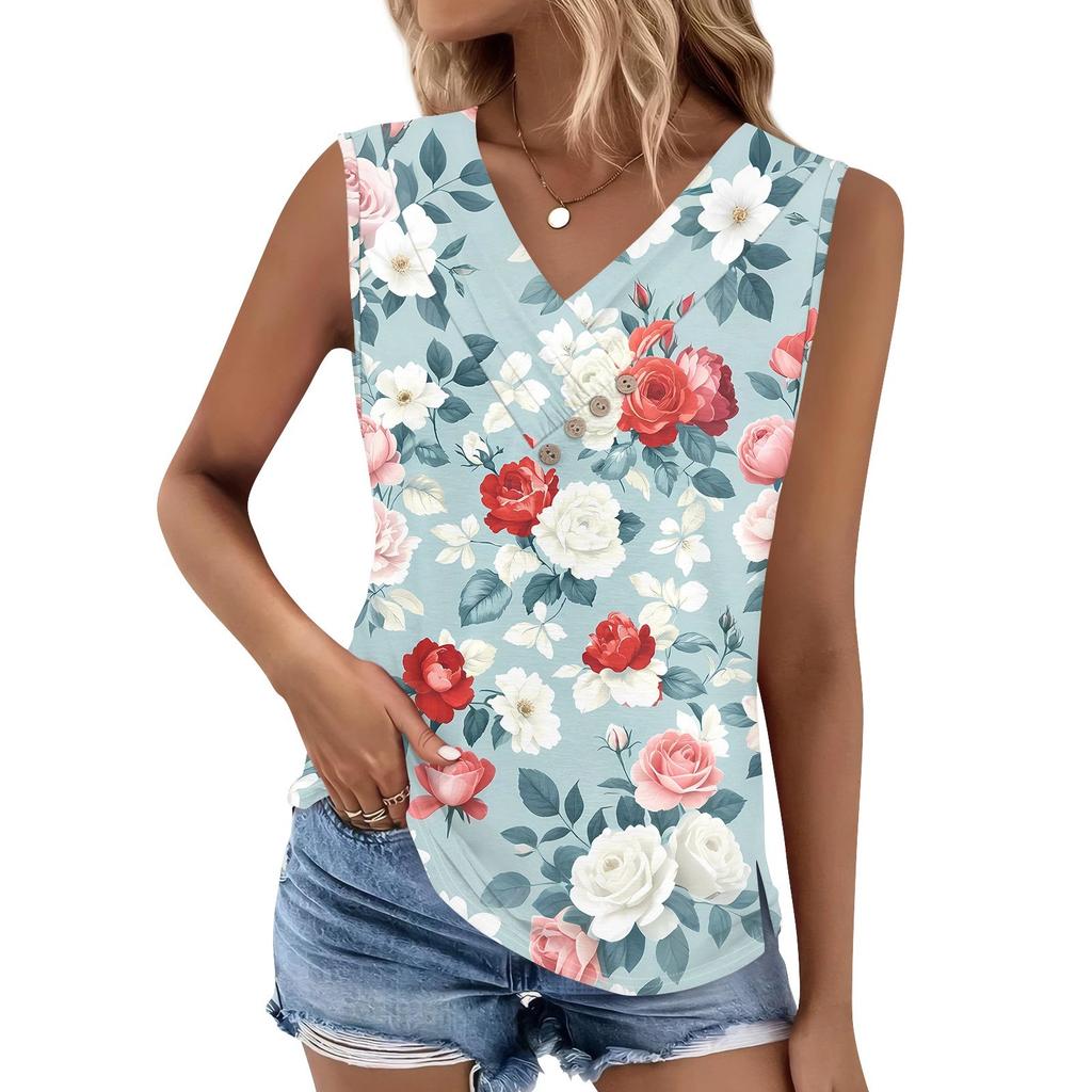 Women's Print Tank Top Button-down V-neck T-shirt Sleeveless Loose Fashion Top