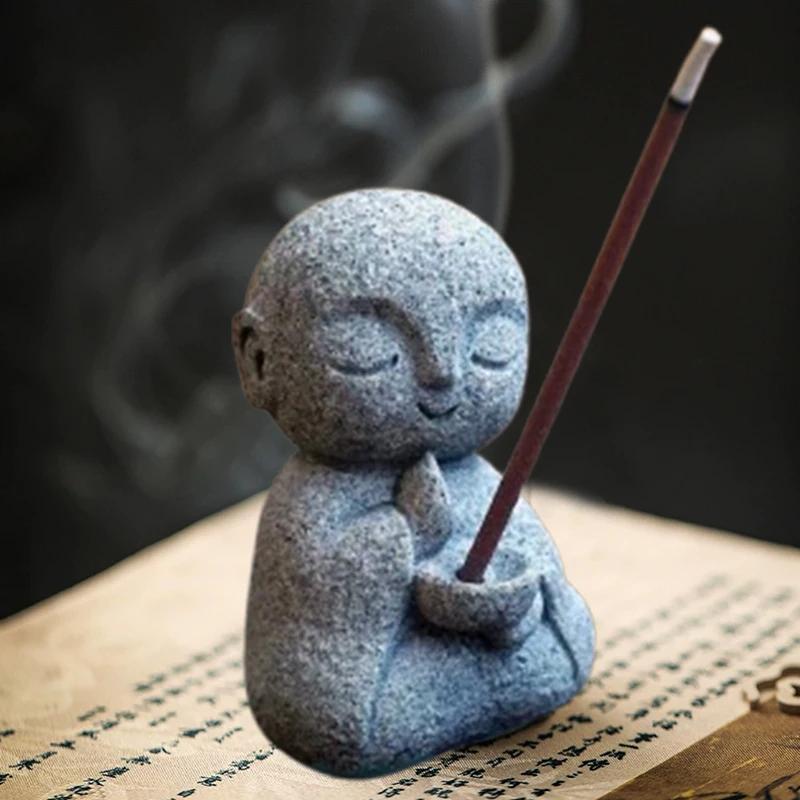 Japanese Mini Buddha Incense Holder for Sticks Little Zen Monk Incense Burner Sandstone for Room Desktop Decor