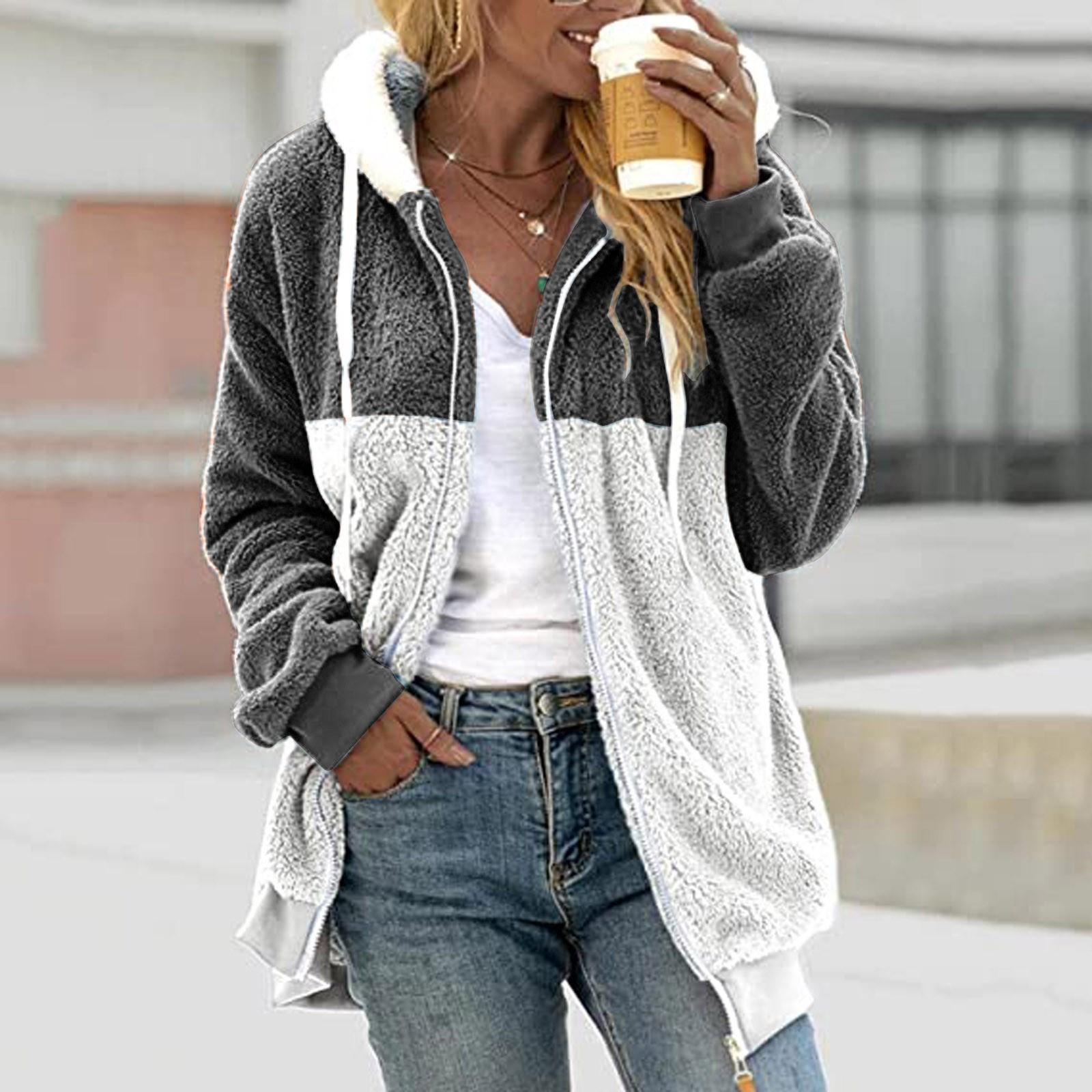 

Жіноча вільна плюшева багатобарвна куртка з капюшоном і блискавкою великого розміру XXXL