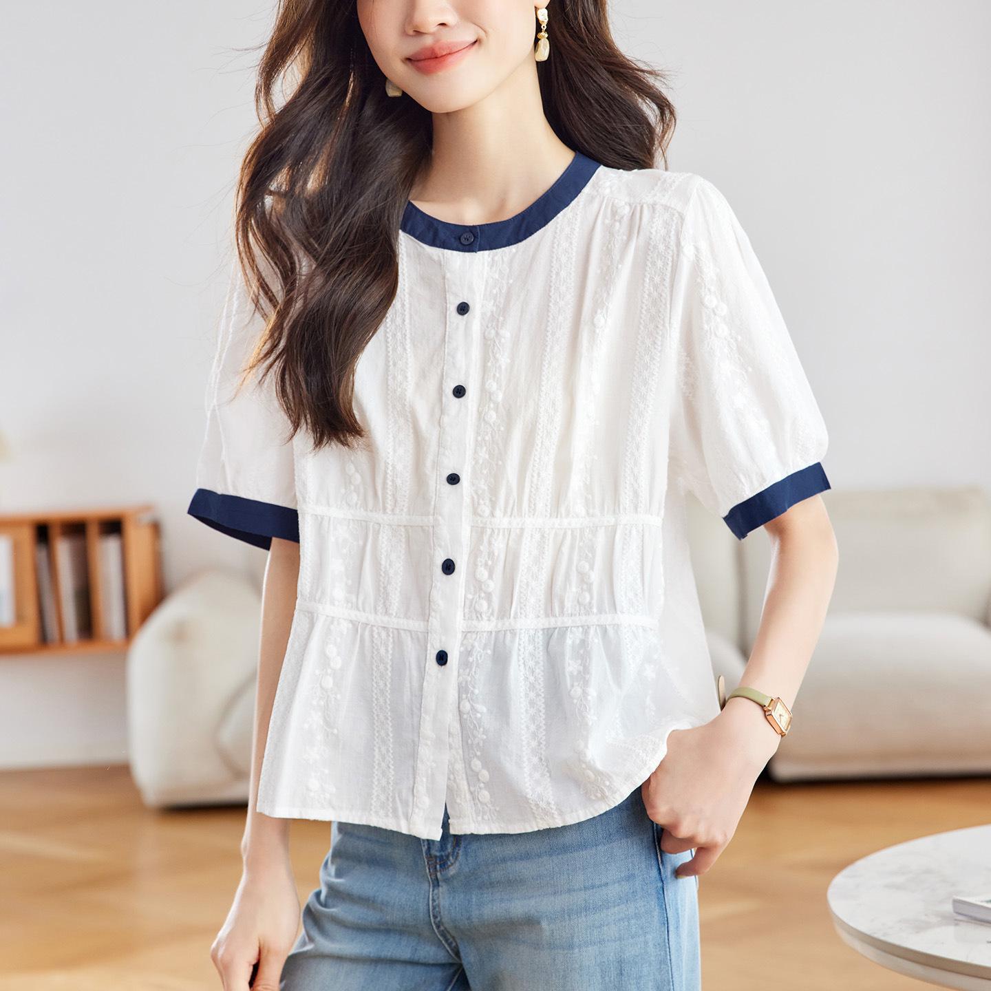 

Women s Summer 2026 Color Block Cotton Embroidery Shirt - Short Sleeve Round Neck Casual Top XL белый