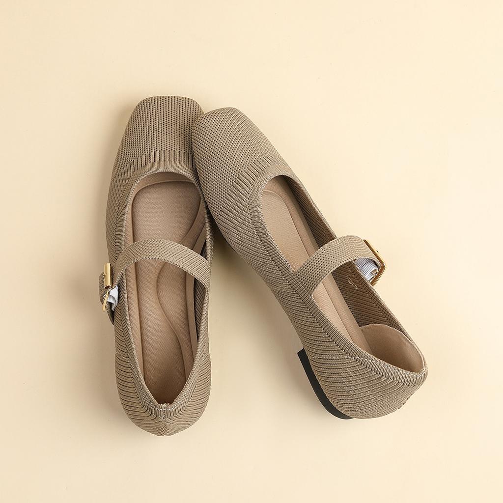 Fashion square toe mixed color knitted flats women ankle strap mary janes shoes spring summer weaving moccasins for woman cozy loafers