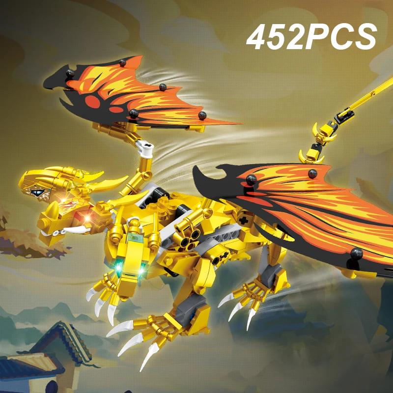 452PCS Golden Dragon Building Blocks Prehistoric Flying Dragon Dinosaur Model Bricks Set Educational Toys For Kids Holiday Gifts
