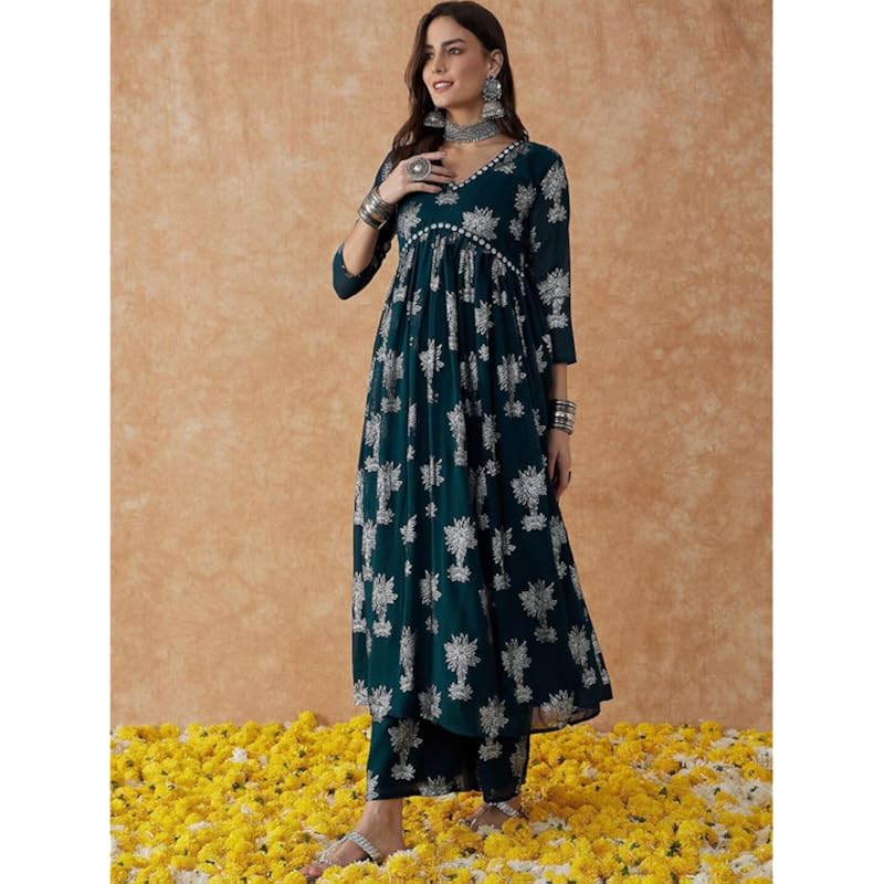 Rytras Women's Printed Alia Cut Kurta and Palazzos Set (Green,3XL)