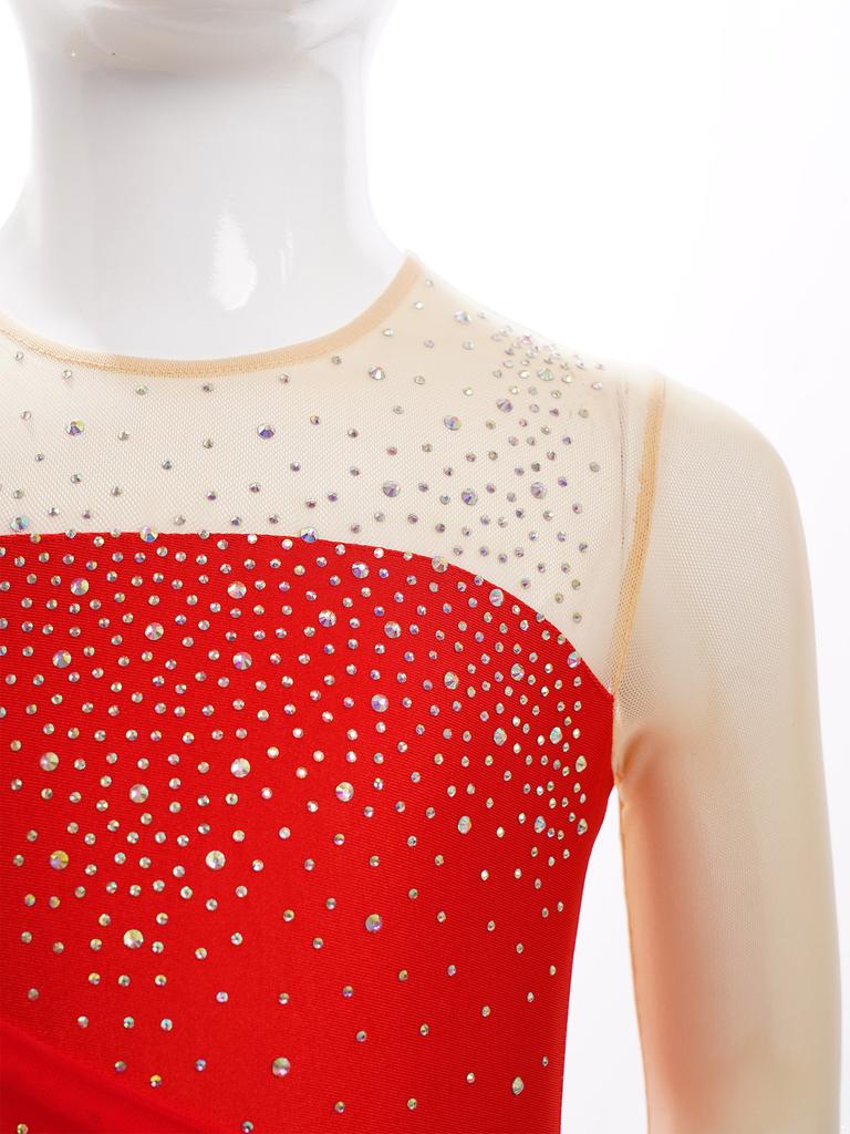 Girls Figure Skating Dress Glittery Rhinestones Sheer Mesh Long Sleeves Cutout Back Lyrical Performance Gown