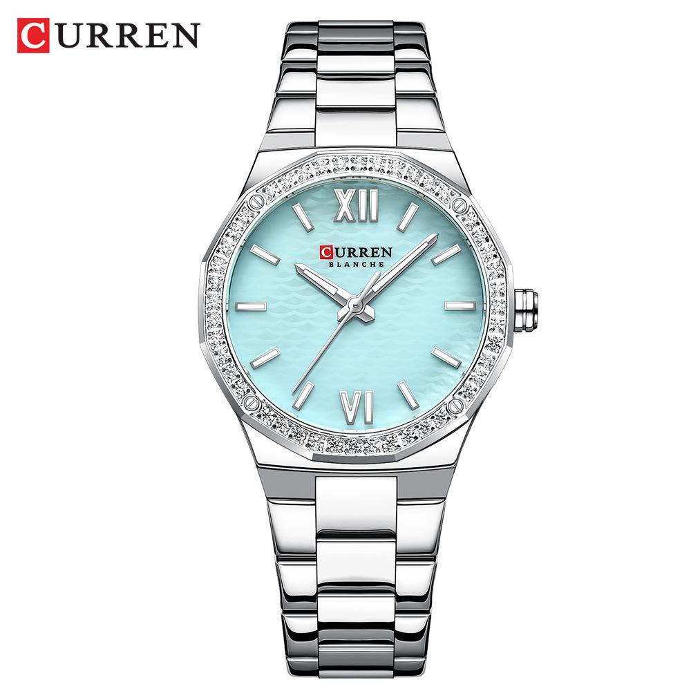 Curren-Ladies  Fashionable Casual Watch Creative Rhinestone Inlaid Octagonal Case Quartz Watch синий