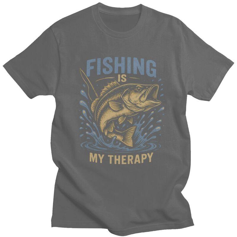 Fishing Is My Therapy T Shirt Men Short Sleeve Angler Fishman Lover Tshirts Casual Tee Tops For Husband Father Oversized Tshirt