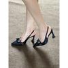 Black pointed bow thick heel high heels women's versatile sexy back empty word with sandals