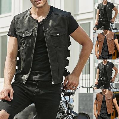 Men's Casual Fashion Zipper Vest Men's Solid Color Multi Pocket Vest Motorcycle Rider Vest