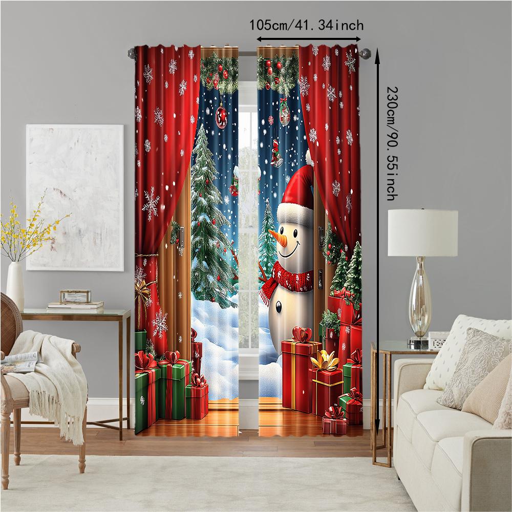 2 stuks Kerst Raamgordijn Sneeuwpop Kerstboom Designs Met Sneeuwvlokken Tunnelzak Polyester Materiaal Voor Woonkamer Keuken