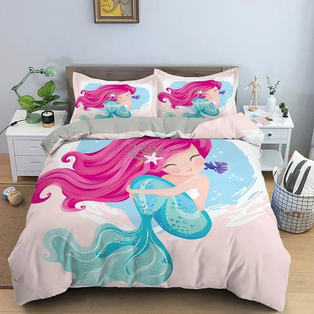 Mermaid Bedding Set For Girls Cute Cartoon Duvet Cover Comforter Covers Children Bedroom Double Queen Size Home Textile 2/3 PCS