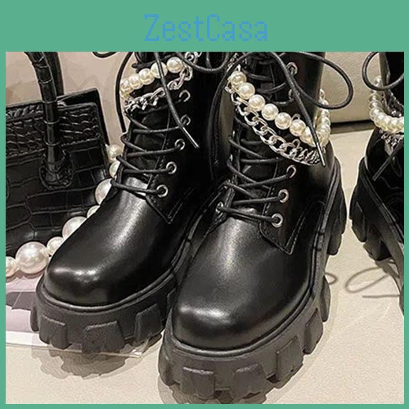 Winter Autumn Footwear And Pearl Chain Thicksoled Short Boots With Bright Patent Leather