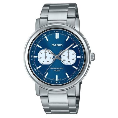 Montre analogique standard en acier inoxydable avec cadran bleu et quartz MTP-E335D-2E1V pour homme
