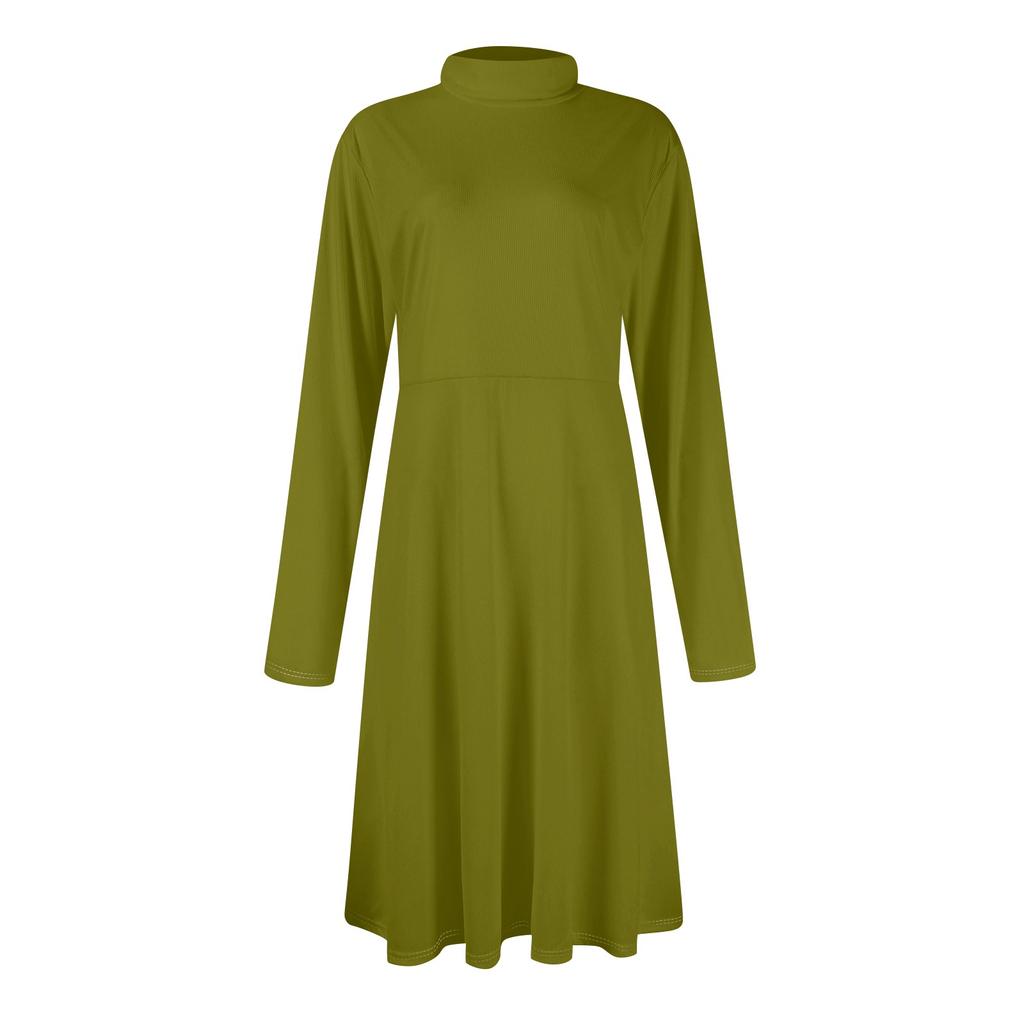 Vestido Midi Casual de Moda Feminina com Gola Alta e Mangas Longas em Cor