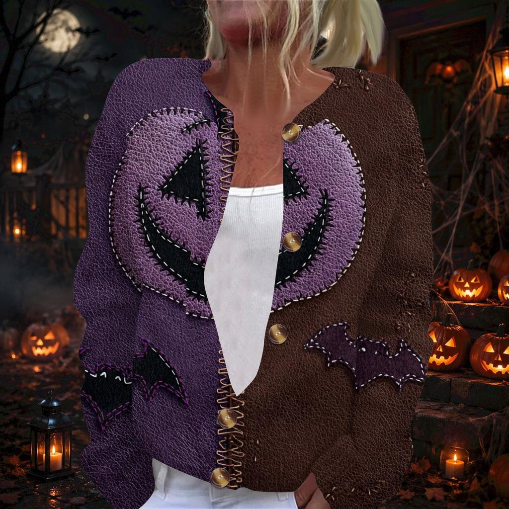 Damen Strickjacke mit langen Ärmeln und Halloween-Print, Pullover mit Knopfleiste für Herbst-Party-Outfits