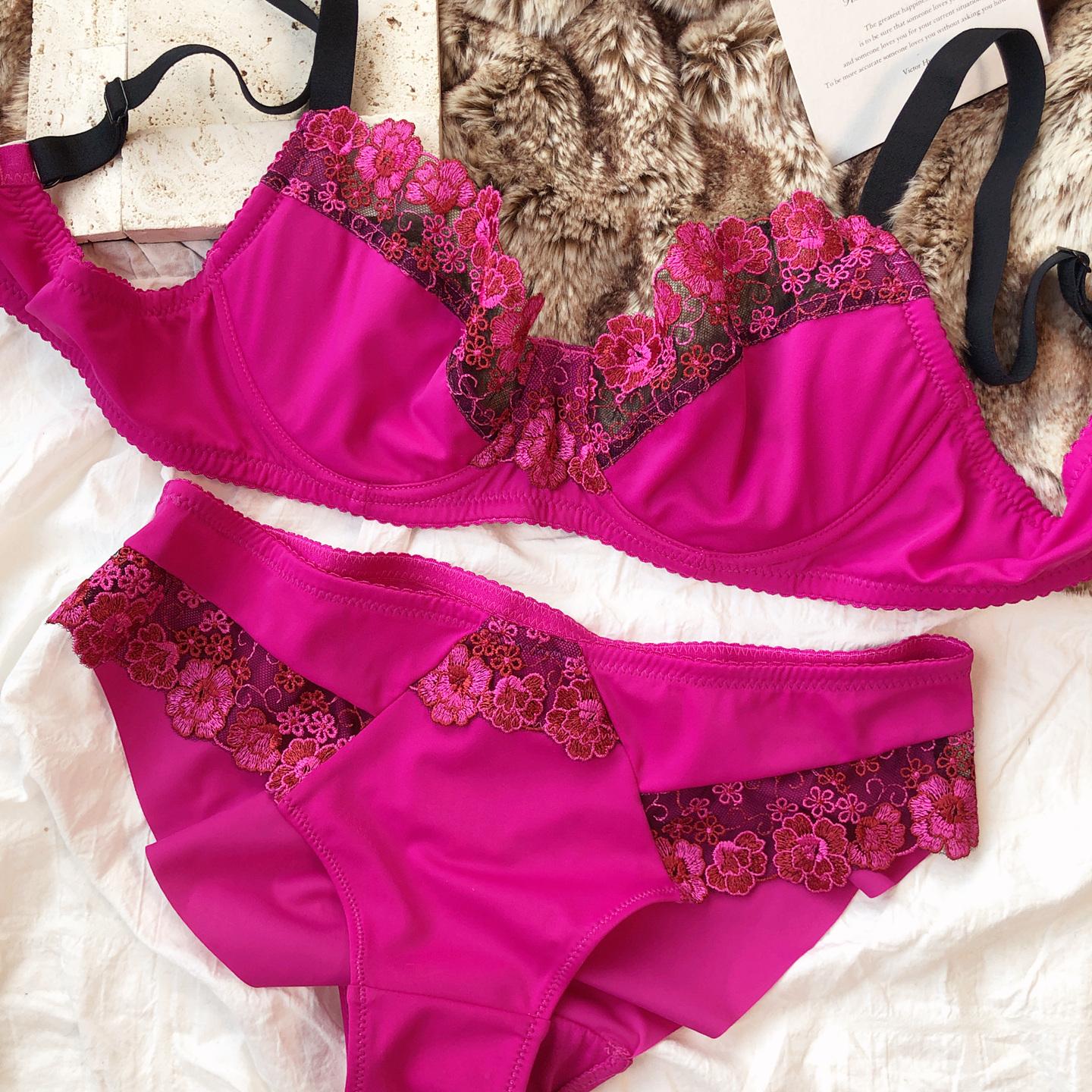 

Комплект бюстгальтера с вышивкой французским кружевом для женщин, ультратонкое нижнее белье, сексуальные бюстгальтеры пуш-ап на косточках, большие размеры, чашки BCDEFG, трусы 95G фуксия