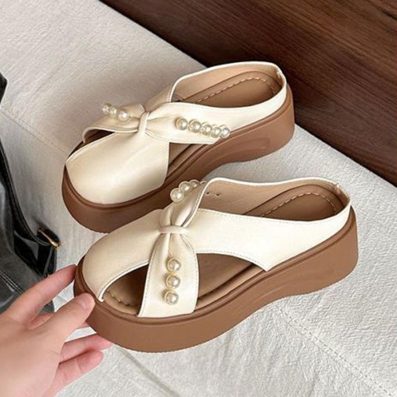 

Fashion temperament versatile pearl hollow girls bag head slippers summer 2025 new wear sandals breathable slippers 40 бежевый