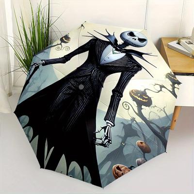 Jack Skellington, Ciudad de Halloween Paraguas de Apertura y Cierre Automático - Diseño Plegable de 8 Varillas, Ligero y Portátil, Adecuado para el Uso Diario