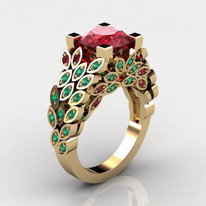 Creative Setting Ruby Micro-Set Diamond Leaf Ring Plated With 18K Gold Ring no. 6
