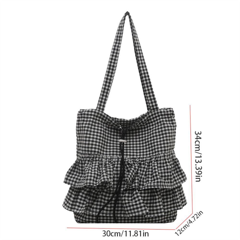 Korean Style Lotus Leaf Shoulder Bag Fashion Plaid Tote Bag Vintage Drawstring Bag  Storage Bag