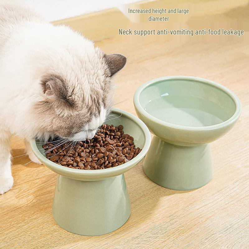 High-Legged Ceramic Cat Bowl for Neck Protection and Anti-Black Chin