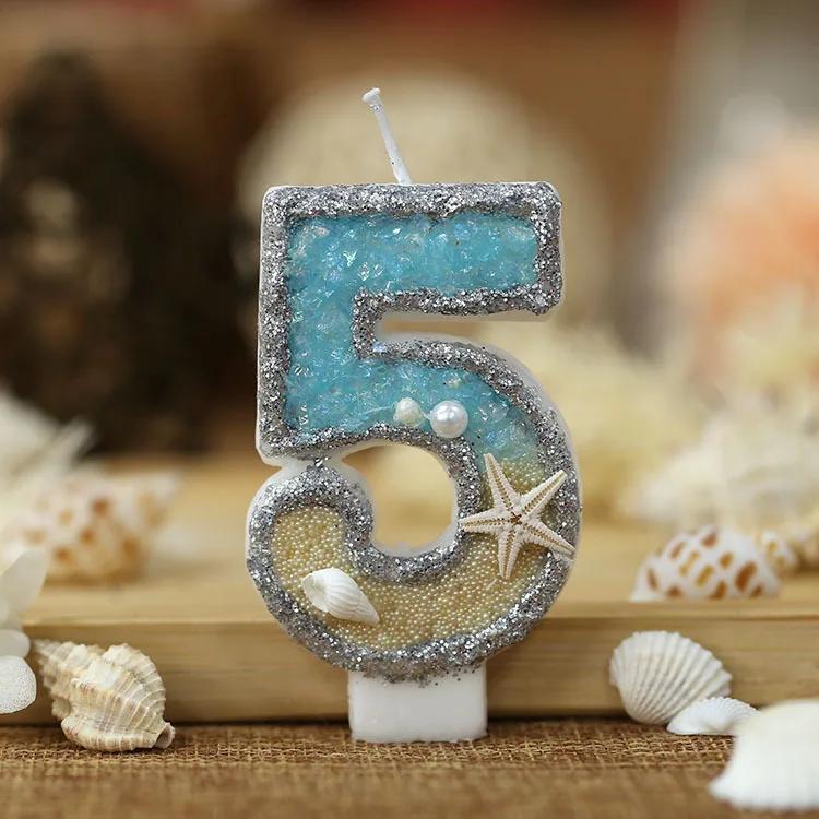3 hüvelykes Születésnapi Gyertya Nagy 4-es Számú Gyertya Tengeri stílusú Tengeri csillag Kagylók Torta Dísz Gyerekek Születésnapi Bulihoz