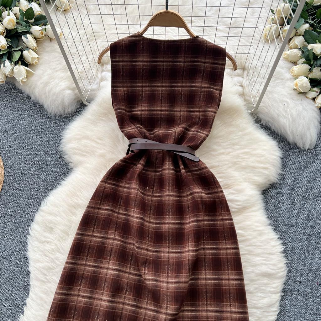 Herbst Winter Damen Vintage V-Ausschnitt Kariert Einreihig Lang Midi Tweed Tank Kleider mit Gürtel