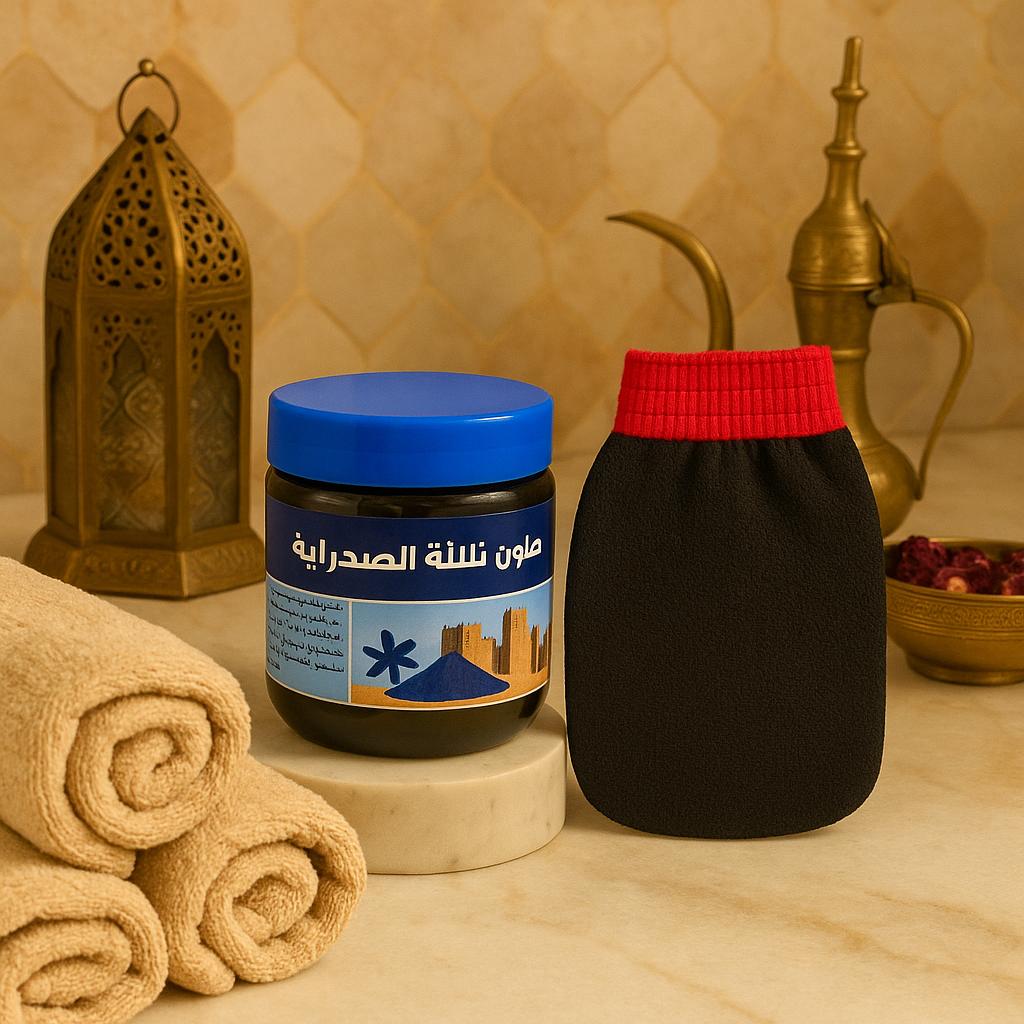 Savon Noir Marocain à la Poudre de Nila 200g + Gant Kessa – Ensemble de Soin Éclaircissant & Adoucissant