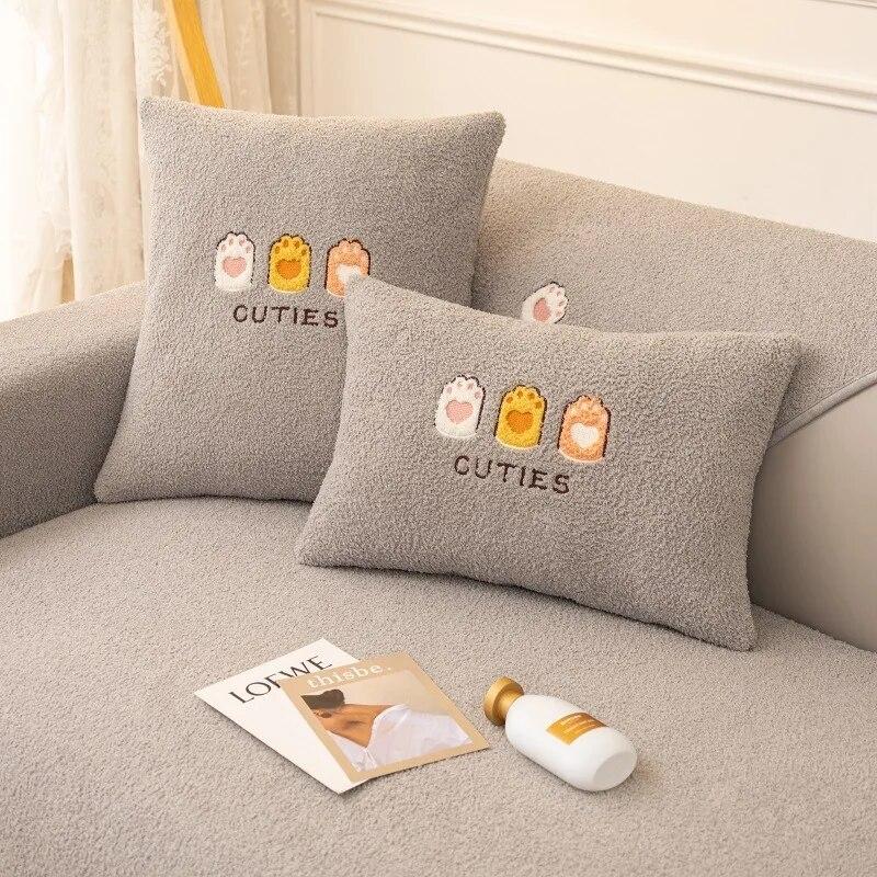 Cartoon Lamb Wool Sofa Cushion Winter Non-Slip Embroidery Plush Cushion Living Room Sofa Cover Thickened Warm Cover Cloth