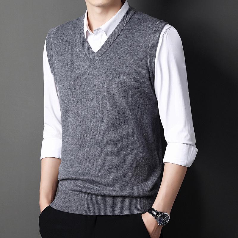 Men's Wool Blend V-Neck Sleeveless Sweater Vest for Middle-Aged and Older Dads