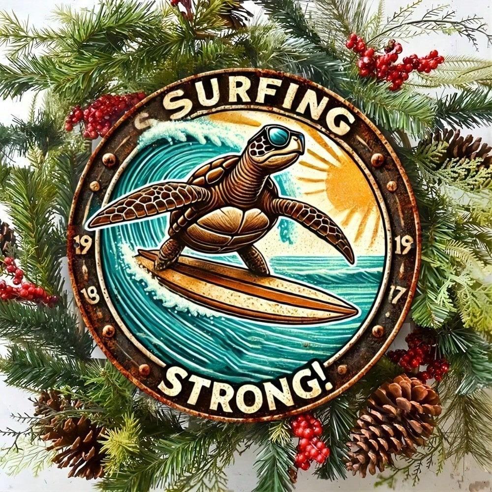 

Surfing Sea Turtle Round Metal Sign 8x8 Inch Aluminum Tin Wall Art Beach Decor 20x20 разноцветный
