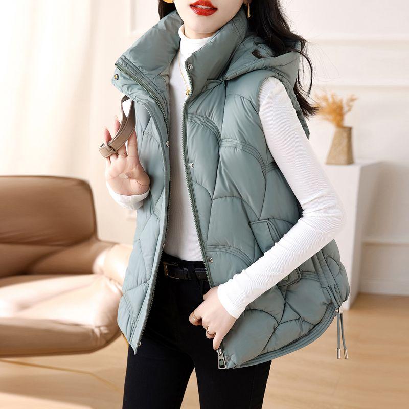 Women's Cotton Vest with Stand-up Collar Hood Sleeveless Loose Fit Solid Color Zipper Short Vest