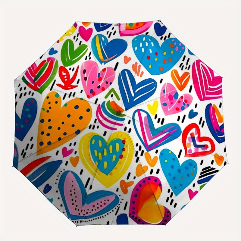 

1pc Heart Print Automatic Open/Close Umbrella, Umbrella with cartoon Design, Portable Compact Umbrella for Men & Women, Good Holiday Gift yy