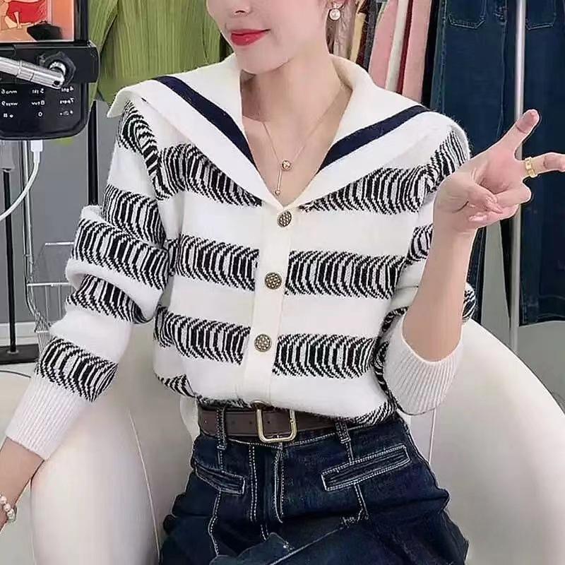 

Осенне-зимний женский трикотаж с воротником темно-синего цвета, узкий полосатый свитер с длинными рукавами, кардиган, куртка One Size белый