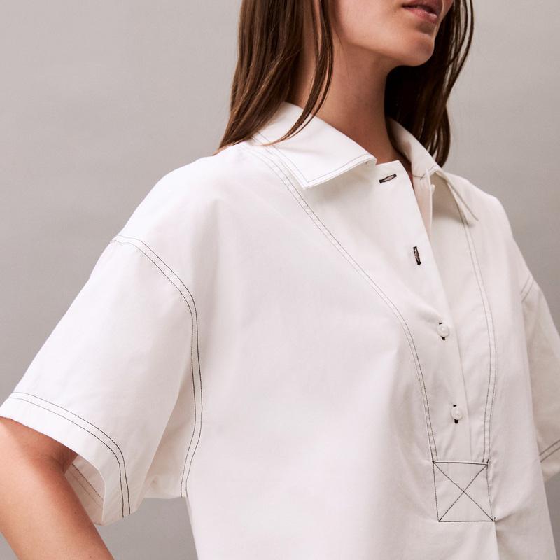 Calvin Klein Vintage Cotton Contrast Stitch Half-Placket Shirt Dress Women Dresses 47C016G