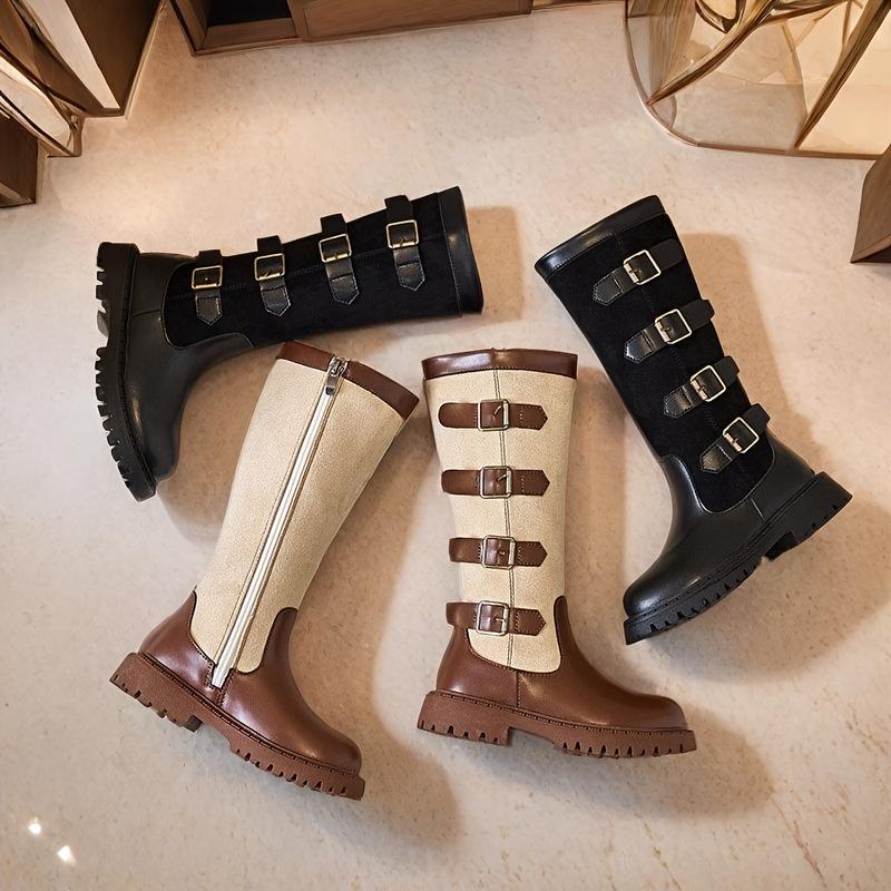 Girls High Top Boots Side Zipper Brown White Contrast Design Round Toe PVC Sole Winter Fashion Sizes Performance Casual Wear Durable PVC Sole