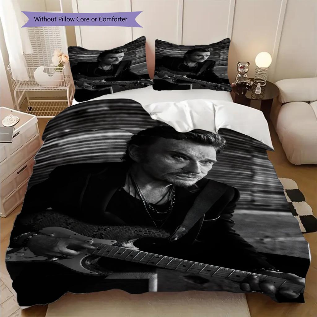 Black and white retro Johnny Hallyday bedding, duvet cover, pillowcase, home decoration, birthday gift (1 * duvet cover+2 * pillowcase, coreless)