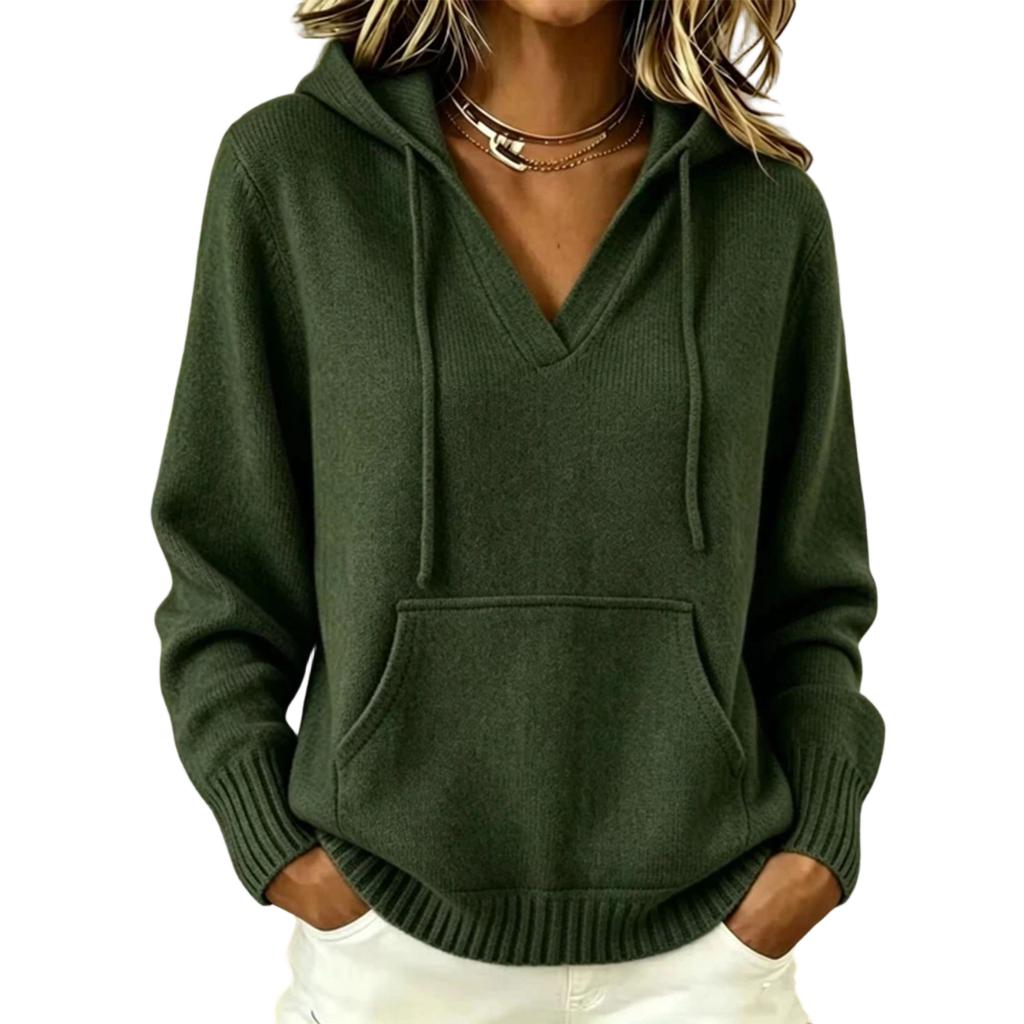 Women's Casual Color V-Neck Long Sleeve Hooded Top