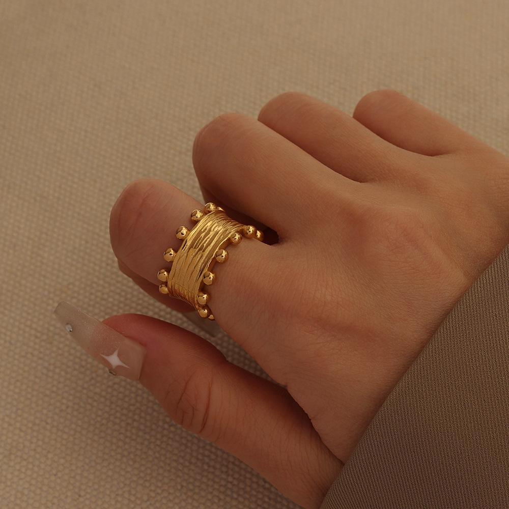 Versatile Brushed Round Ball Fashion Ring, Stainless Steel PVD 18K Gold, Retro Texture Niche Ring for Women