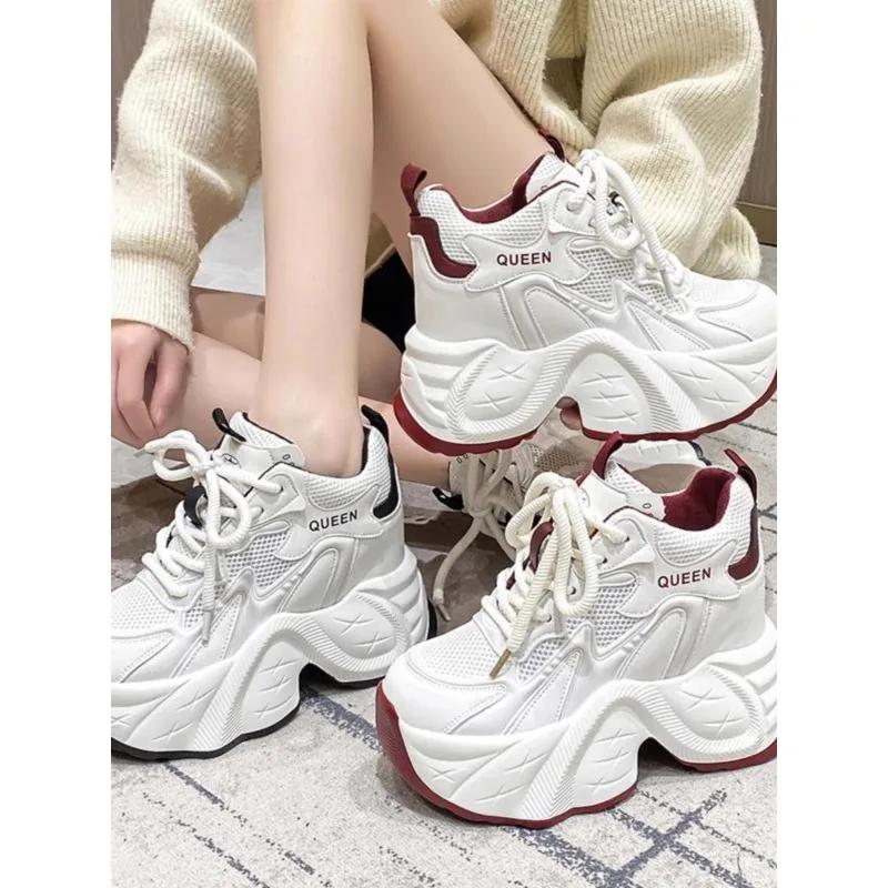 Fashion Women Casual Platform Sneakers 10CM High Heels Spring Sports Leather Dad Shoes Breathable Trainers Chunky Sneakers Zapatos Mujer